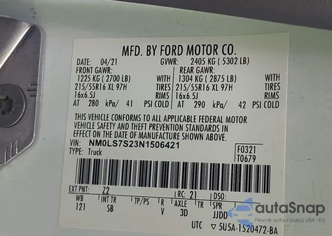 2022 Ford Transit Connect Xl Cargo Van z USA, uszkodzony, nr VIN NM0LS7S23N1506421
